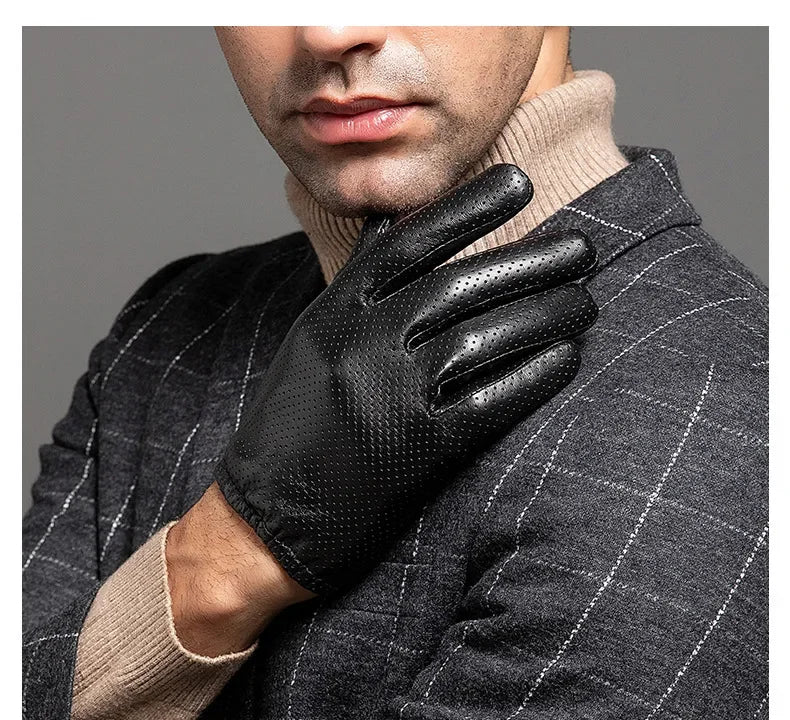 Sheepskin men's winter Business Real Leather Gloves male Durable Full Finger Touch Screen Black Gloves Riding Motorcycle Gloves