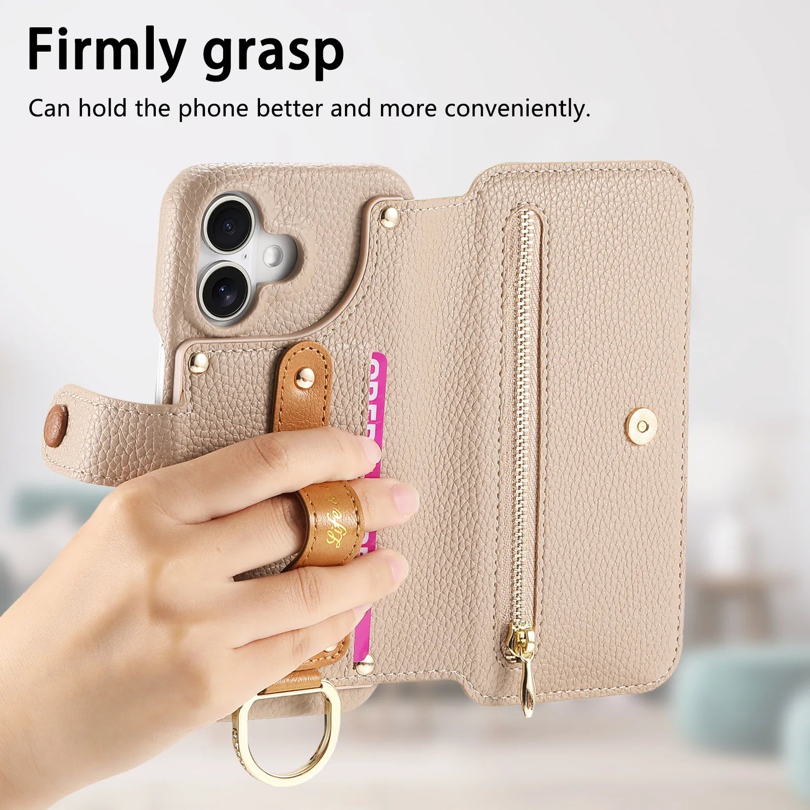 Wallet Flip Case for iPhone 16 15 Pro Max 14 Plus 16Pro 14Pro 15Pro Leather Strap Card Slots Zipper Cover