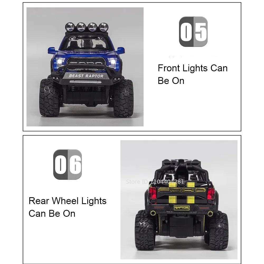 1:24 Mammoth F-150 Raptor Diecast Alloy Model Toy Car Doors Opened Sound Light Pull Back Miniature Vehice Adult Boy Fashion Gift