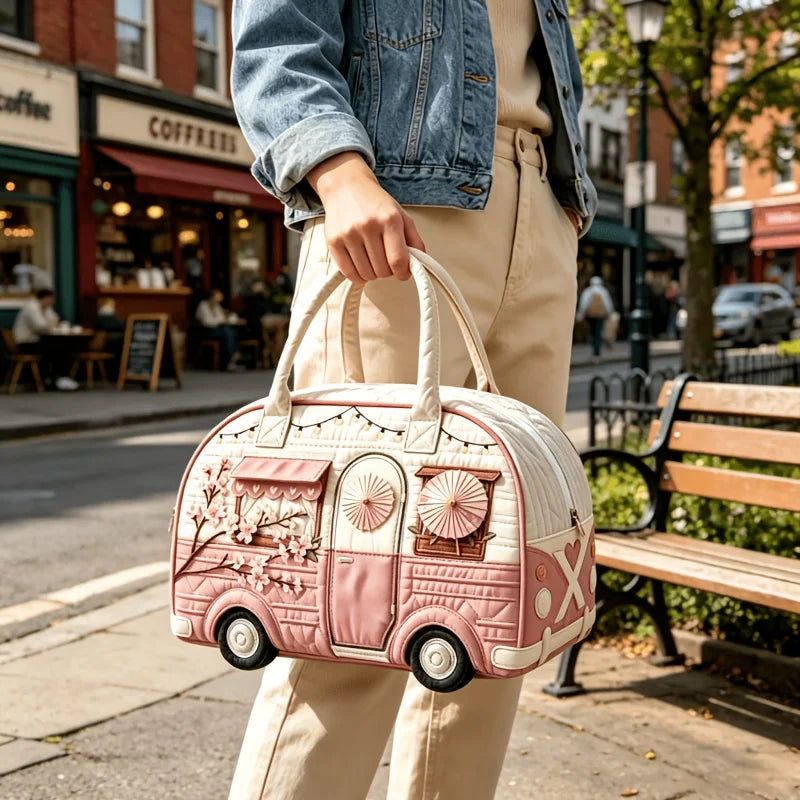 Bus Print Quilted Travel Duffle Bag Large Capacity Zipper Tote