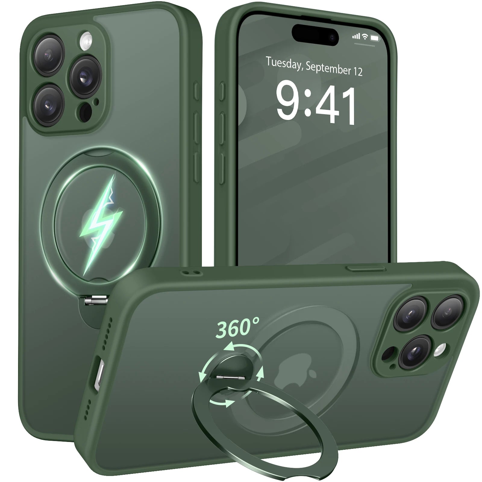 360° Rotating Metal Ring Stand Magnetic Case for iPhone 15 Pro Max with Lens Protector Magnetic Wireless Charging Matte Cover