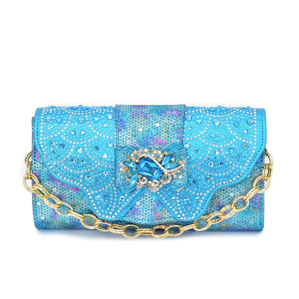 Women Low Heels Sandals Shinning Material with Rhinestone Italian Design Sky Blue Color Peep Toe Shoes and Bags Set