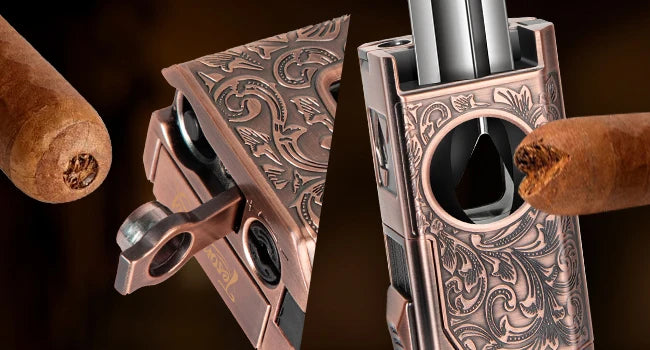 Cigar Lighter 4 Jet Flame, Refillable Butane Lighter with Cigar Cutter V Cut Cigar Punch Cigar Holder Cigar Draw Enhancer