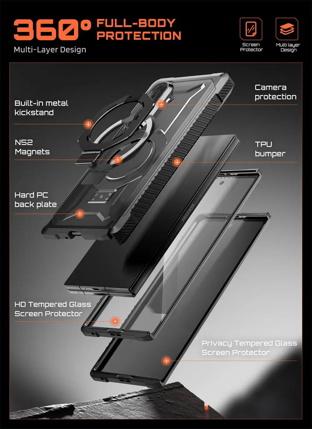 Full Body Rugged Phone Case with Magnetic Ring Kickstand and HD Clear and Privacy Screen Protectors for Samsung Galaxy Z Fold 8 Ultra