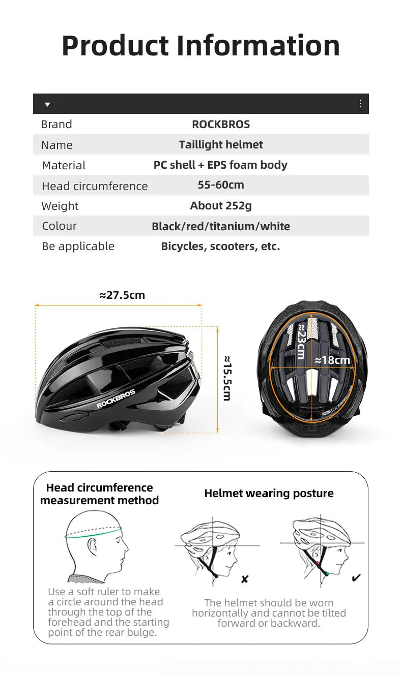 Bicycle Light Helmet MTB Road USB Warning Rear Light Cycling Helmet EPS PC Intergrally-molded Bike Helmet