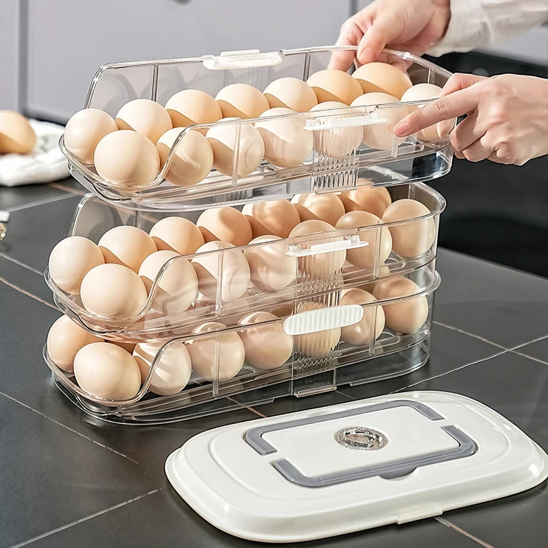 Multi-Layer Automatic Rolling Egg Storage Box – Refrigerator Side Door Egg Tray Rack Organizer