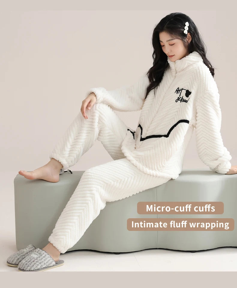 Women’s Winter Flannel Pajama Set – Warm Coral Fleece Loungewear with Cute Bunny Design