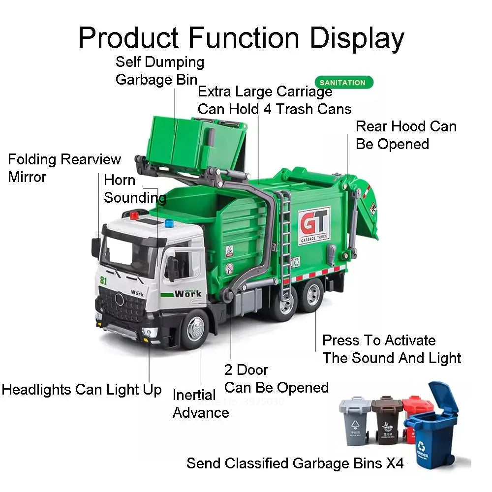 1:24 Scale Watering Cement Dump Trucks Model Garbage Truck Toy Car Sound Light Doors Opened Engineering Vehicles  Gifts