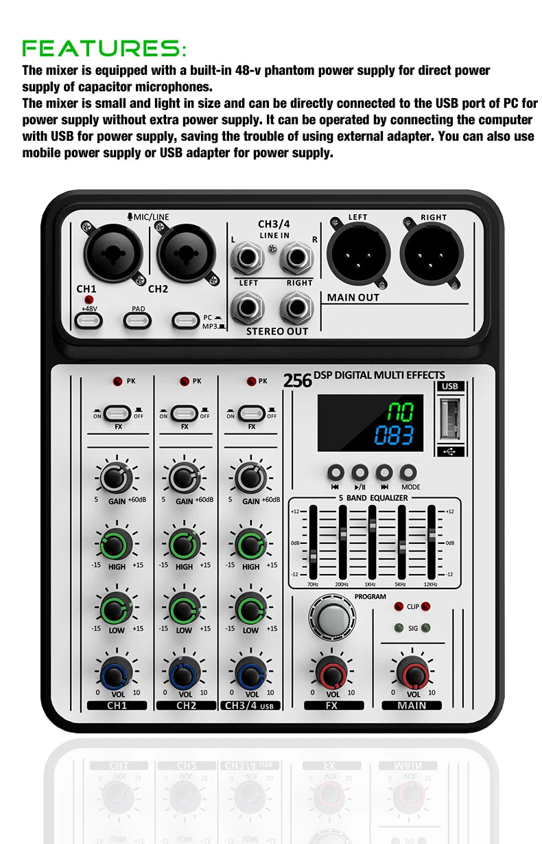 Professional 4-Channel 256DSP Audio Mixer 48V Phantom Power USB Studio Karaoke Bluetooth DJ Console Mixer