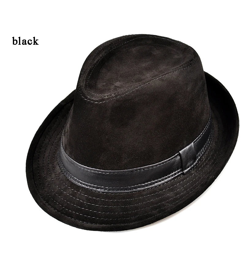 Winter Genuine Leather Top Hats For Men/Women British Gentlemen Wide Brim Stetson Fedoras 55-60cm Fitted Brown Male