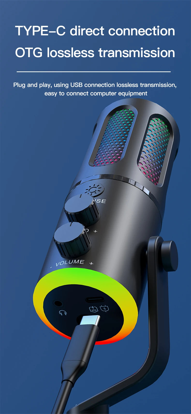 USB condenser microphone with RGB light, DSPnoise reduction, independent monitoring, used for media recording and live streaming