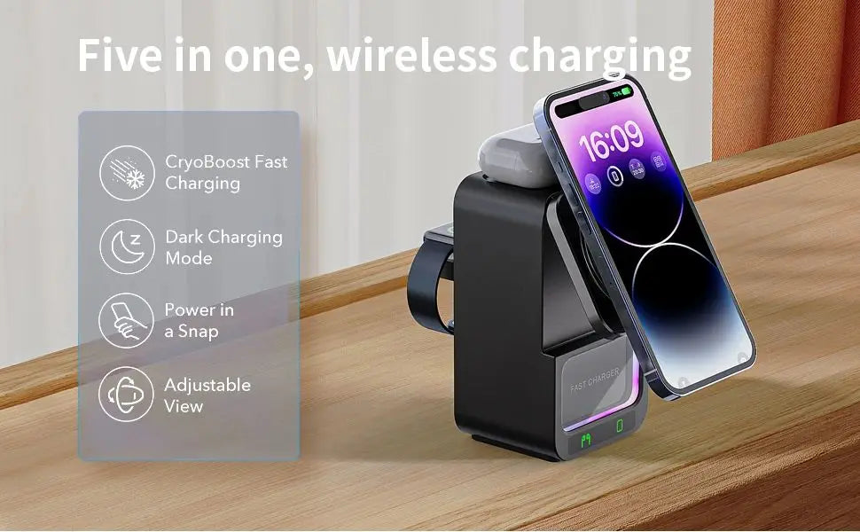 Bluetooth speaker charger with five in one speaker and wireless fast charging suitable for Apple Aeries phones/headphones/watche