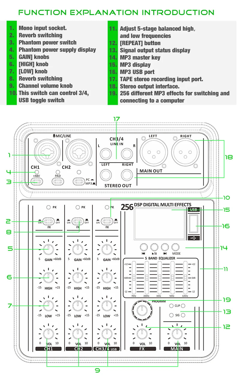 Professional 4-Channel 256DSP Audio Mixer 48V Phantom Power USB Studio Karaoke Bluetooth DJ Console Mixer