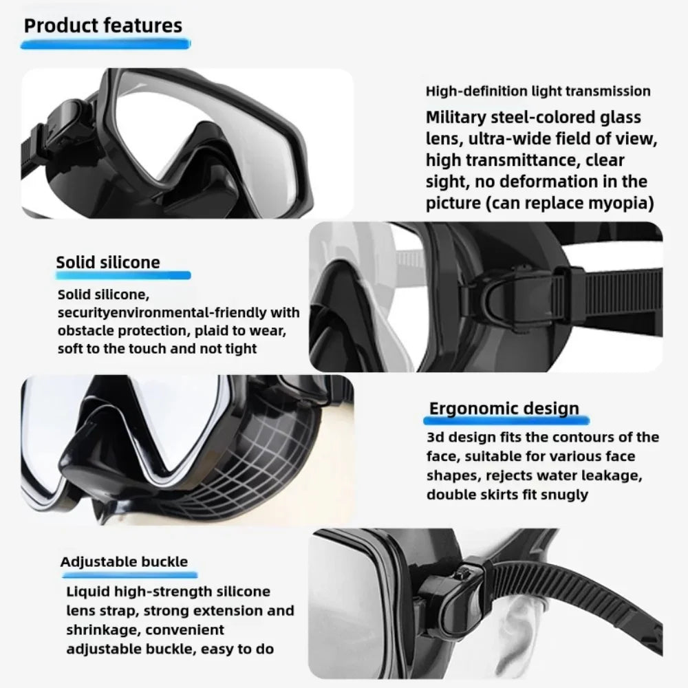 Dry Snorkel Set Diving Mask For Adults Tempered Glass Professional Panoramic Snorkeling Gear Swimming Training Snorkel Kit