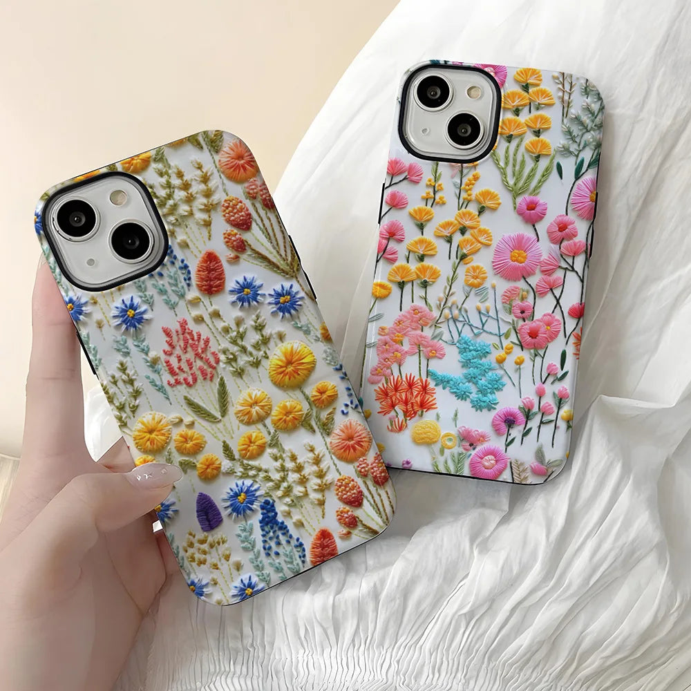 Wildflower Boho Embroidery Effect Flower Case for iPhone 16 15 Pro Max 14 Plus Protective 2 in 1 Double Deck Cover