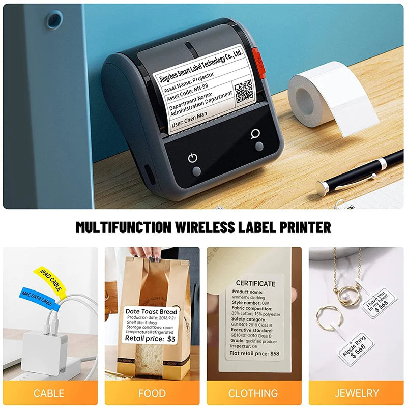 B3S Thermal Label Printer, Bluetooth Wireless Barcode Sticker Maker 20–75mm, Portable Inkless Label Printer for Jewelry, Clothing & Business