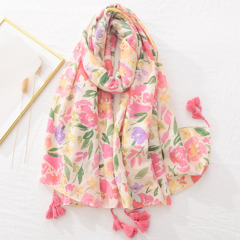 Spring Scarf Pink Blue Floral Paisley Printed Scarves Women Lady Girl Cotton Linen Bohemian Scarf For Summer Beach Shawl Bandana