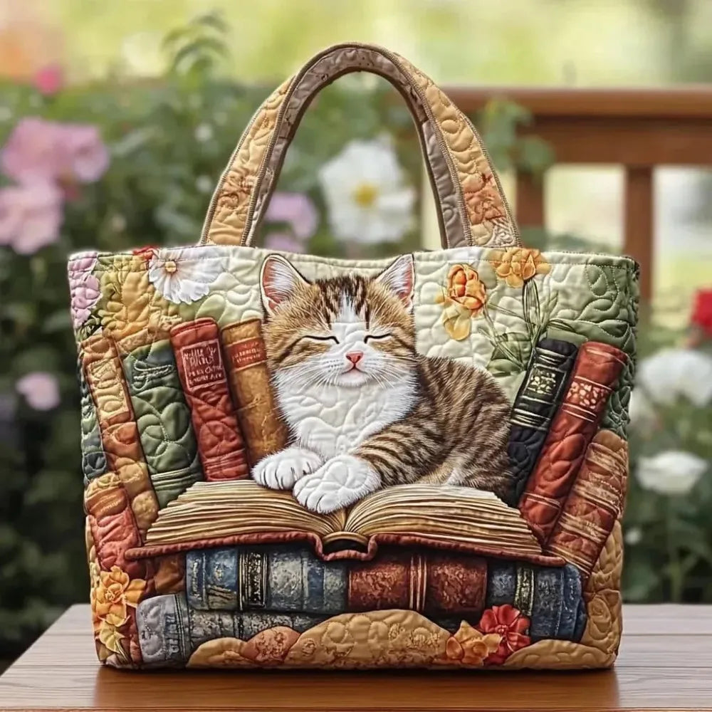 Cat Print Quilted Cotton Tote Bag Large Capacity Travel Shopping Handbag