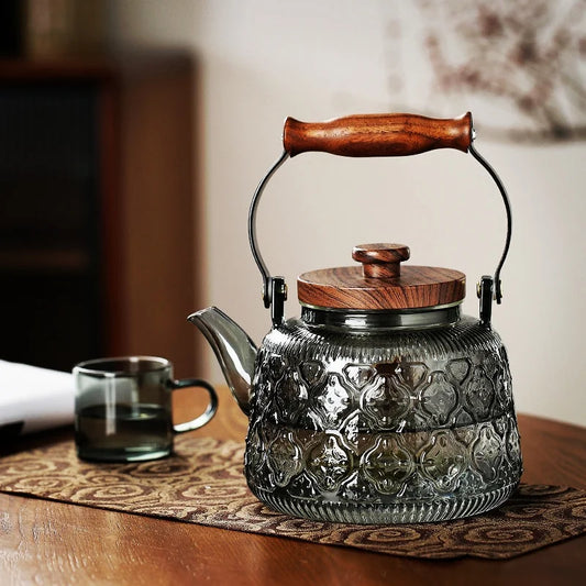 1000ml Embossed High Borosilicate Glass Teapot with Tea Strainer