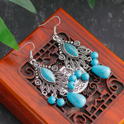 Vintage Bohemian Multiple Leaves Drop Earrings Natural Stone Beads Water Droplets Tassel Dangle Earrings