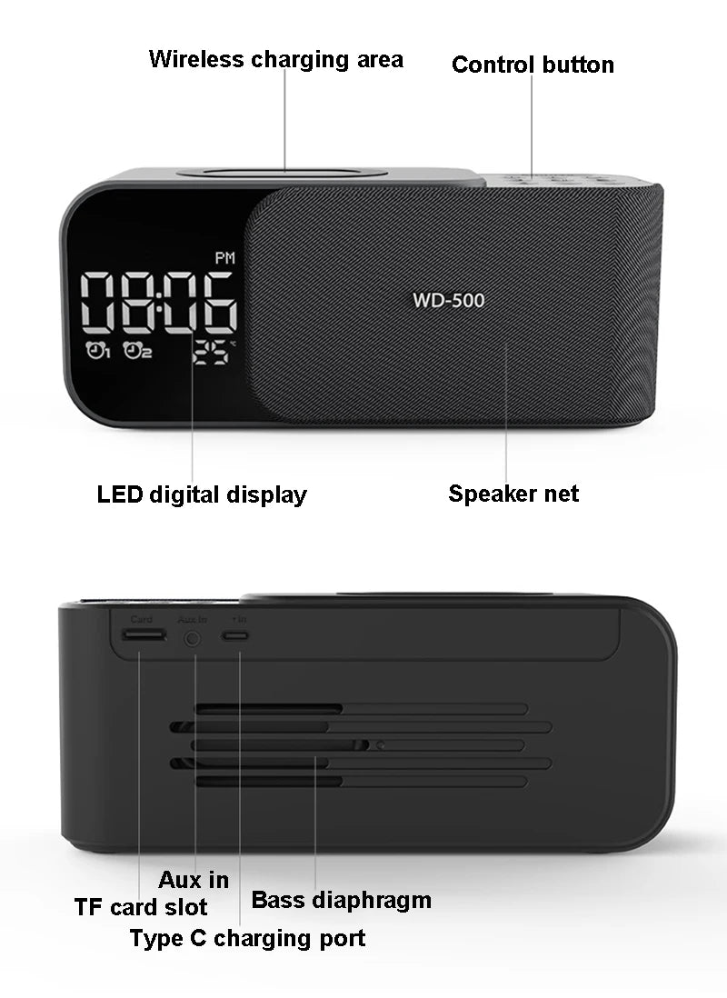 15W wireless charging Dual alarm clock home Bluetooth speaker with night light Bluetooth subwoofer temperature display FM/TF/AUX