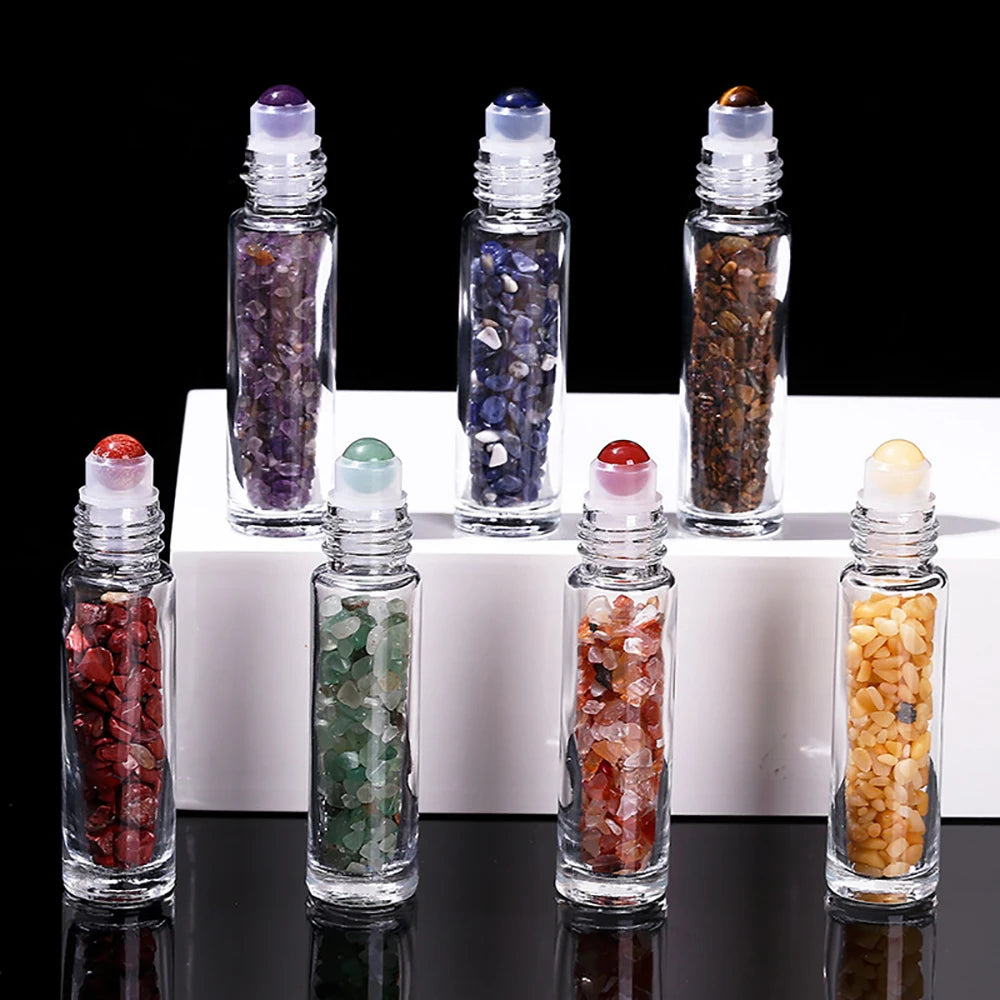 10pcs Glass Essential Oil Roller Bottles with Natural Gemstone Chips Refillable Roll-On Healing Crystal Bottles for Aromatherapy