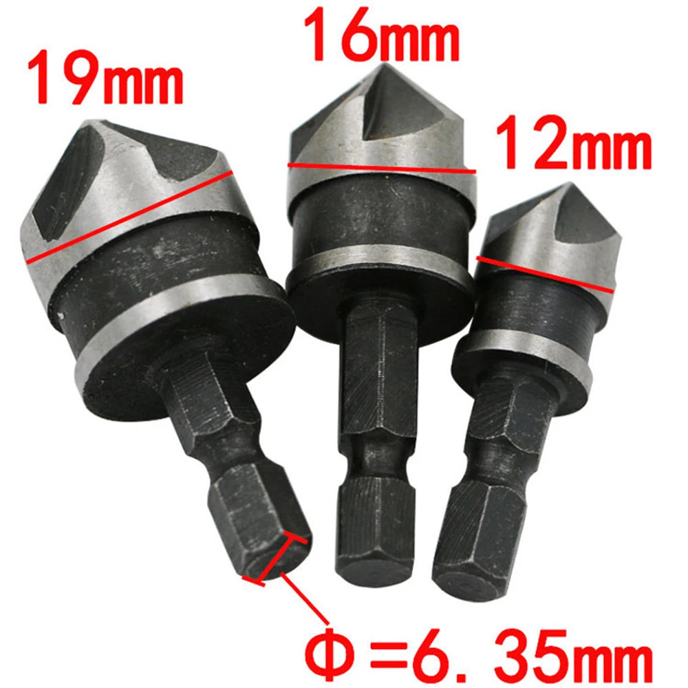 3pcs 90 Degree Hexagonal Handle 12/16/19mm 5-Flute Chamfering Tool Set WoodWorking Drill Bit Cutter Countersink Drill Bit Set