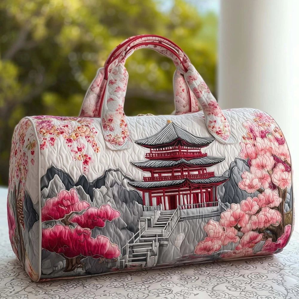 Japanese Style 3D Quilted Travel Tote Bag Cherry Blossom Pagoda Print Lightweight Carry-On Duffel Vintage Oriental Gift Travel