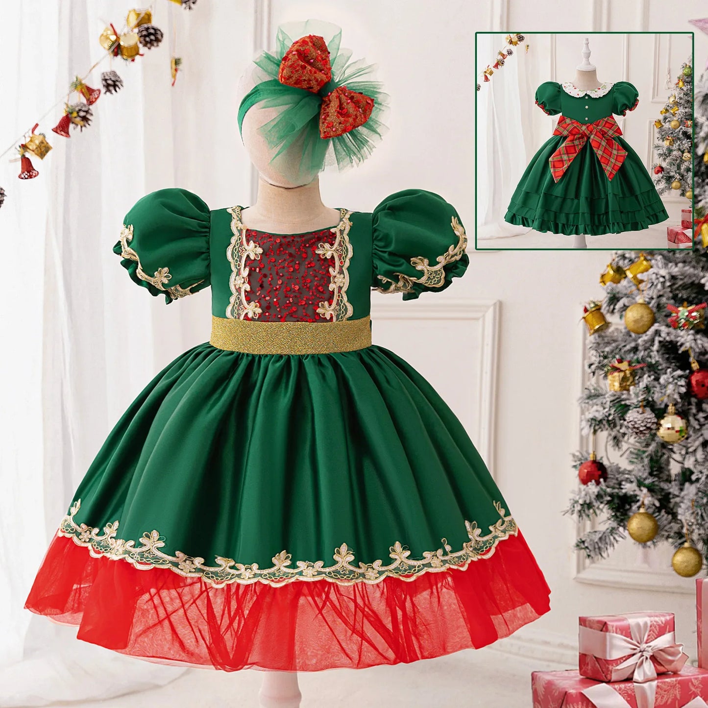 2Pcs Luxury Sequined Princess Christmas Dress for Girls Xmas Children's Cake Tiered Gala Formal Occasion Elegant Party Dresses