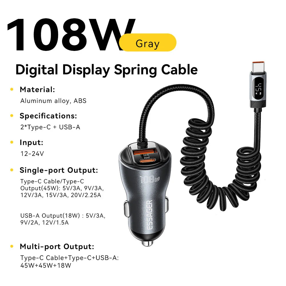 108W Car Charger PD Fast Charging 2 USB C + USB A with Digital Display Spring Cable