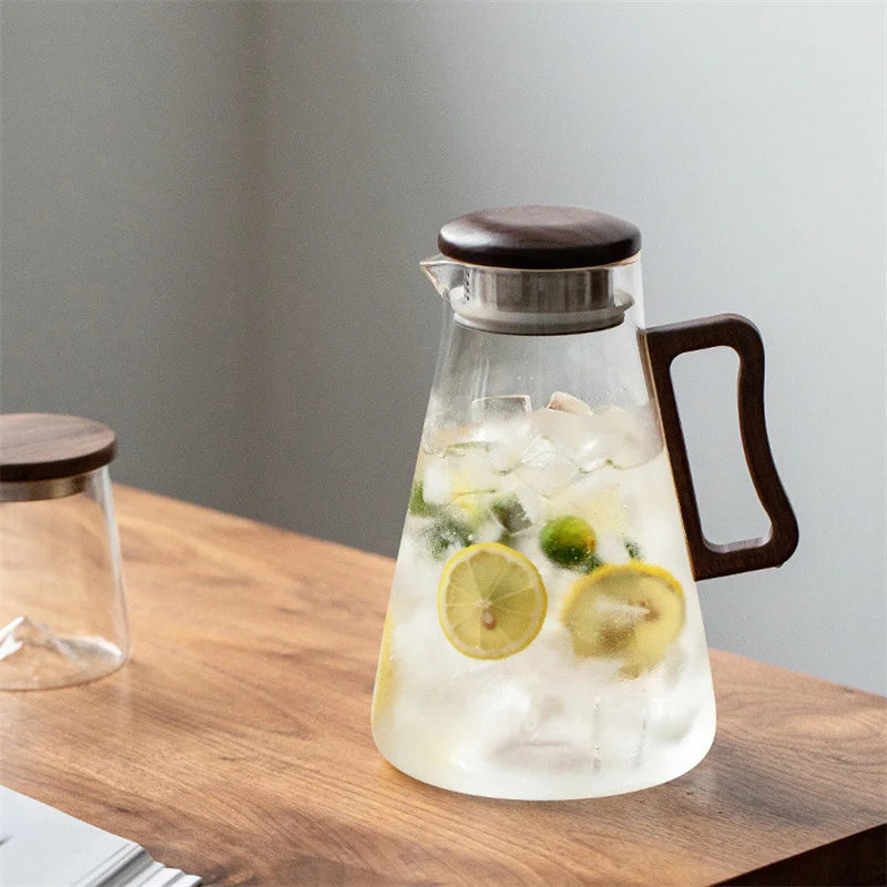Large Capacity 2000ml Glass Water Jug with Wooden Handle and Filter Lid