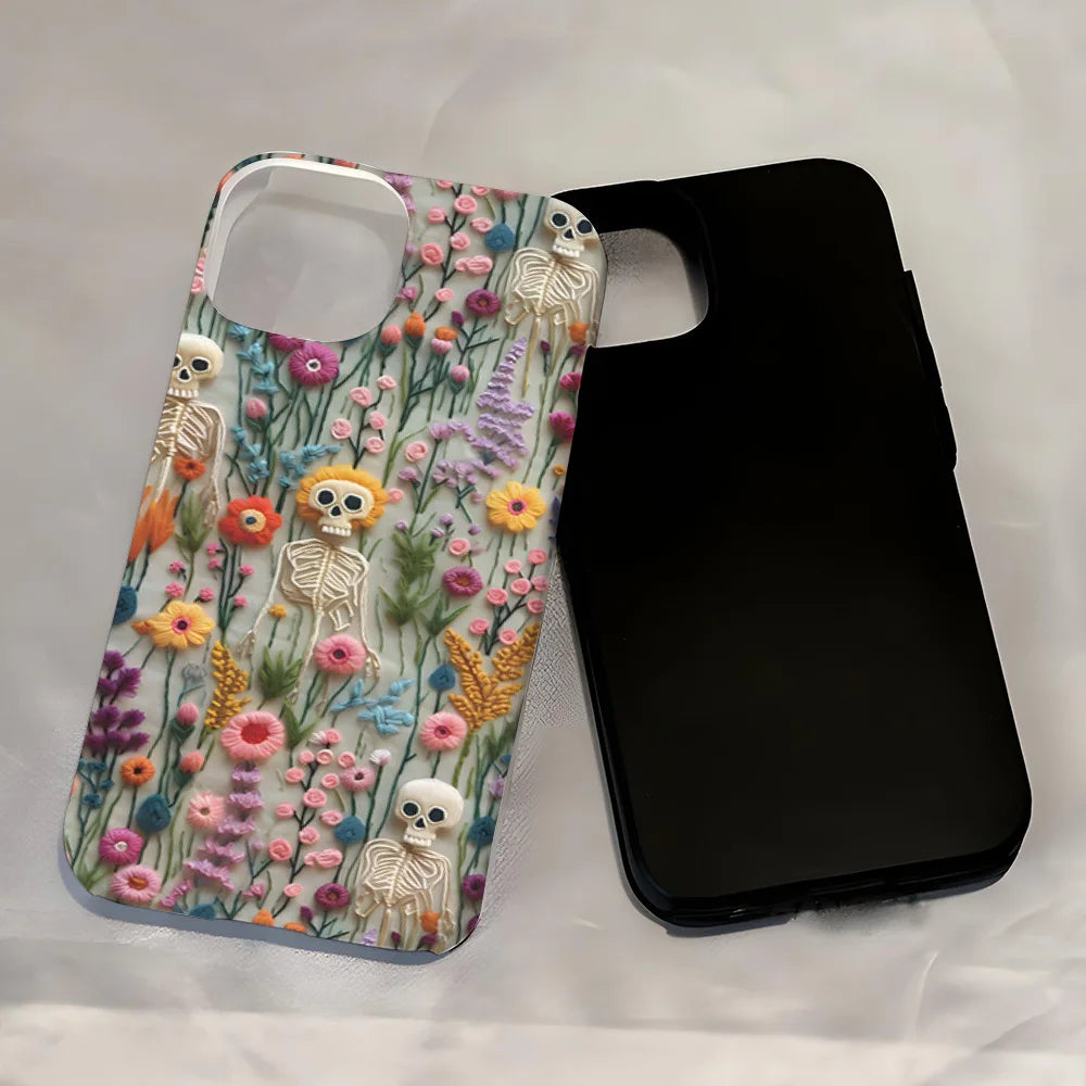 Fashion Embroidery Effect Skull Skeleton Phone Case For iPhone 16 15 Pro Max 16 Plus 2 in 1 Hard Protection Cover Funda