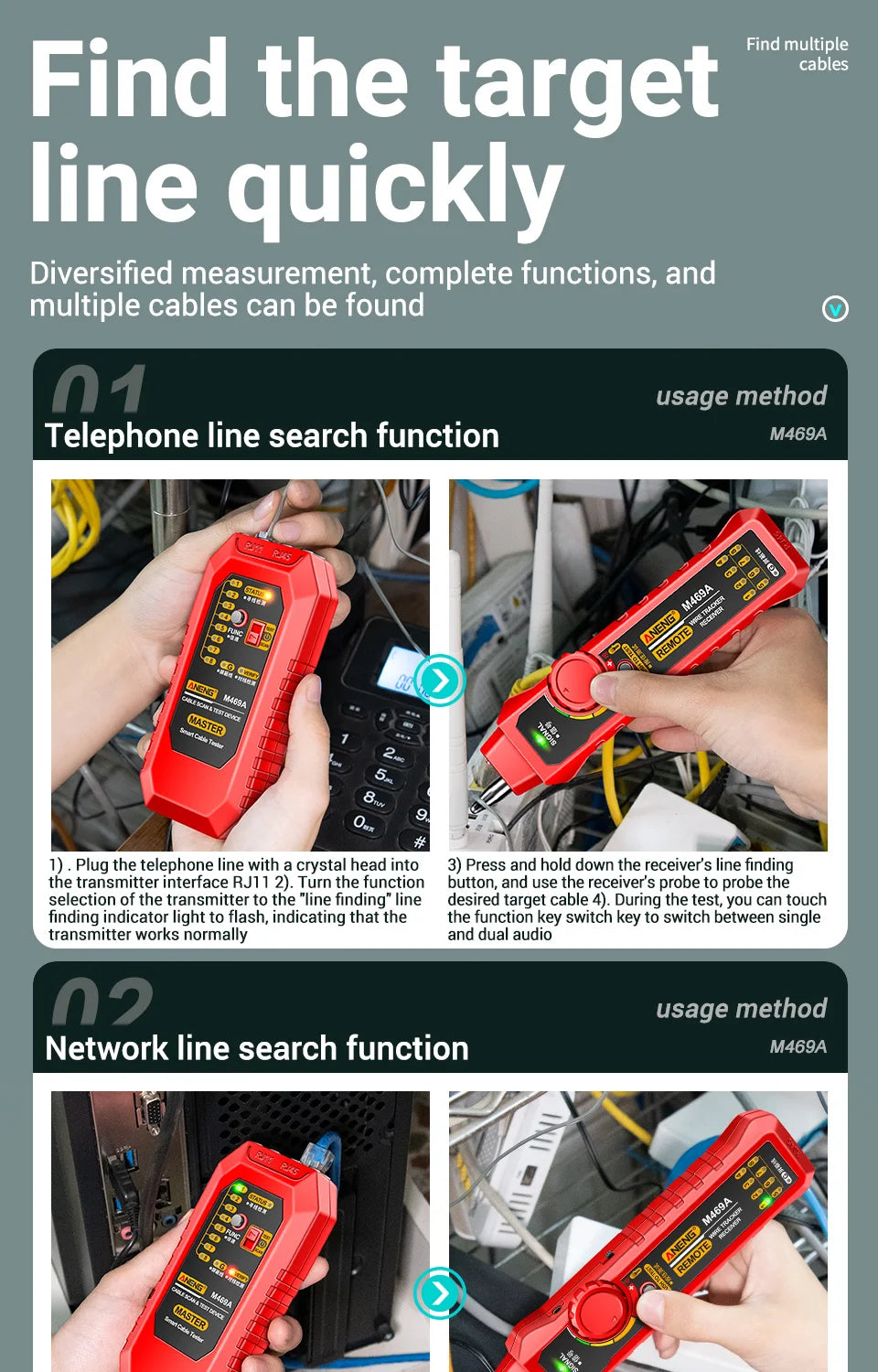 Network Line Tester Cable Finder RJ11 RJ45 Analyzer Test Tracker Receiver Telephone Line Networking Repair Tools