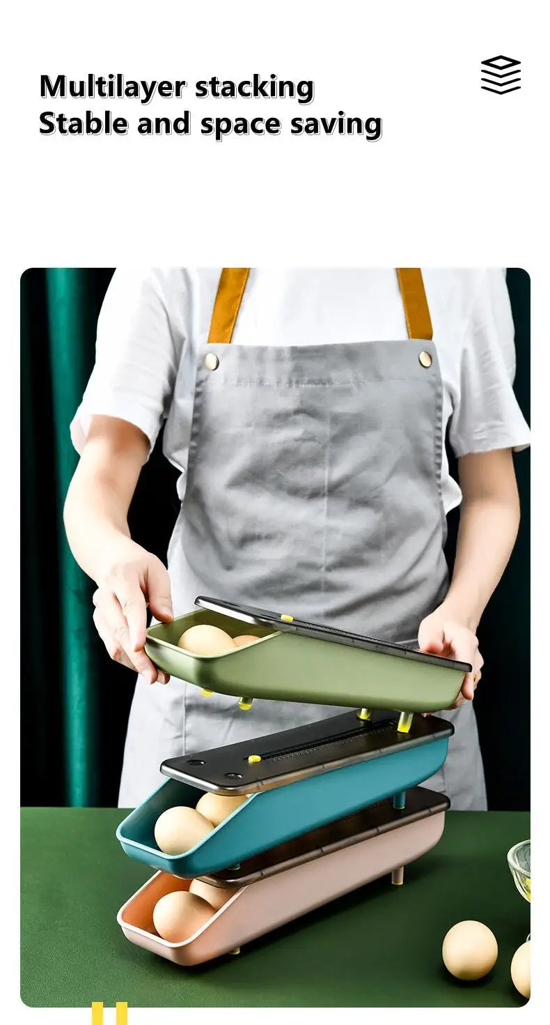 Automatic Rolling Egg Storage Box – Plastic Refrigerator Egg Holder Tray Kitchen Storage Container