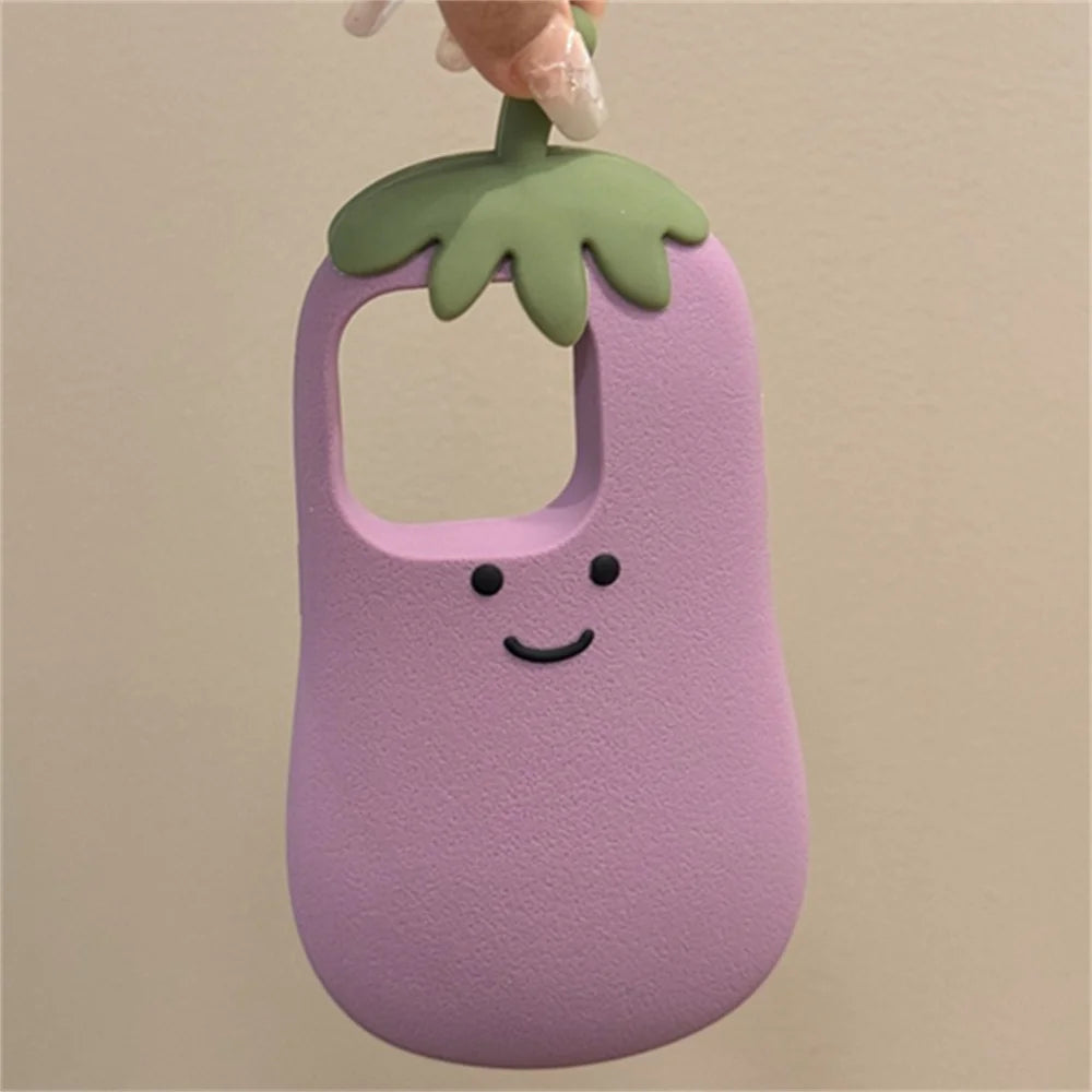 INS Cute Cartoon 3D Eggplant Funny Creative Phone Case For iPhone 16 15 14 13 Pro Max Vegetable Lovely Soft Silicone Back Cover
