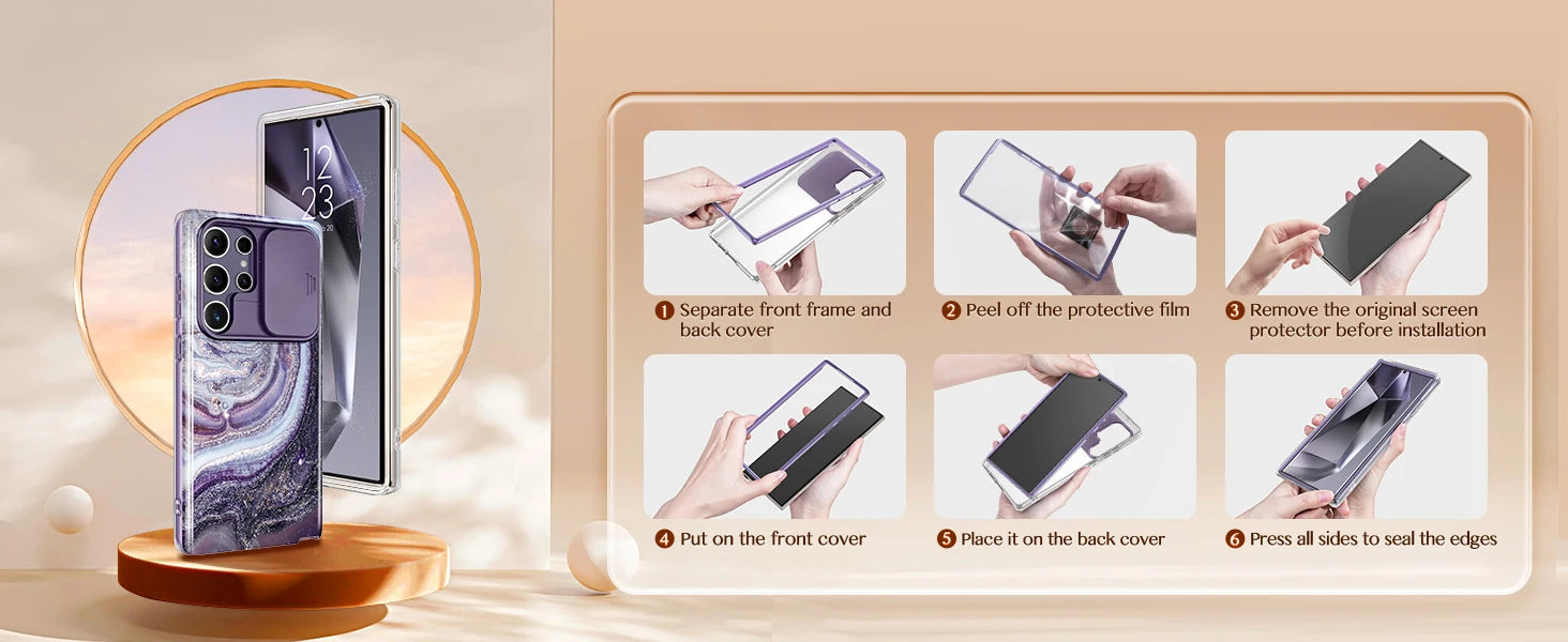 For Samsung Galaxy S24 Ultra Case with 2 Front Frames Slide Camera Lens Protection Heavy Duty Shockproof Marble Phone Case Cover