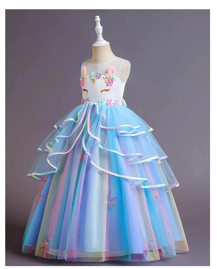 Elegant Princess Lace Dress Kids Flower Embroidery Dresses For Girls Vintage Children Costume for Christmas Party Pink Ball Gown