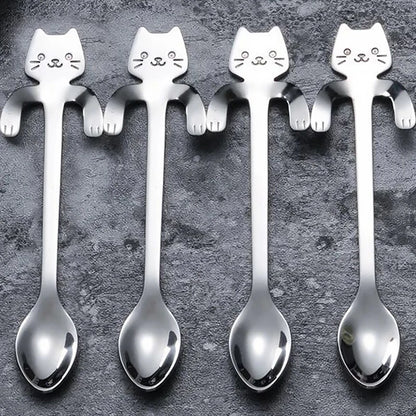 Cartoon Cat Coffee Spoon Stainless Steel Teaspoons Dessert Ice Cream Spoons Mini Cute Cat Shape Scoops Flatware Kitchen Gadgets