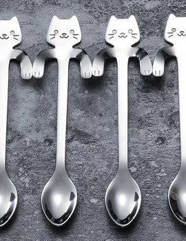 Cartoon Cat Coffee Spoon Stainless Steel Teaspoons Dessert Ice Cream Spoons Mini Cute Cat Shape Scoops Flatware Kitchen Gadgets