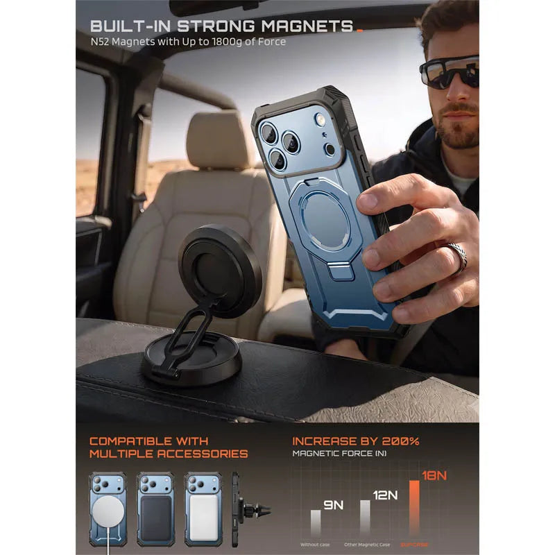 Rugged Magnetic Phone Case with Tempered Glass Screen Protector and Aluminium Kickstand for iPhone 17 Pro Max and iPhone 18 Pro Max