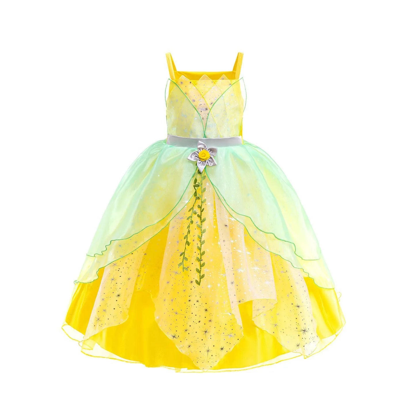 Layered Tulle Fairy Princess Dress Green Yellow Sling Party Costume