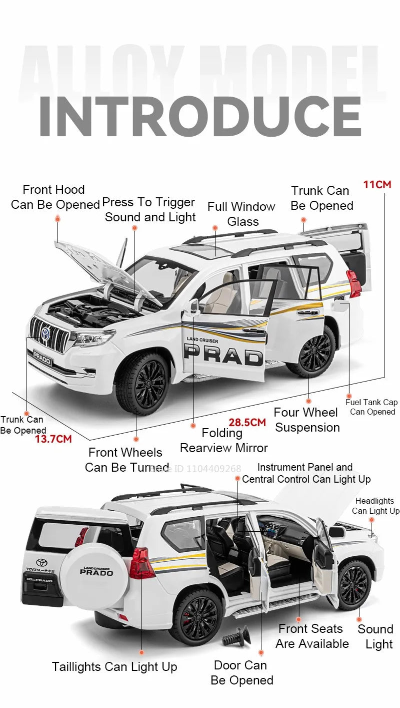 1:18 Large Size Prado SUV Model Toy Car Doors Opened Metal Diecast Shock Absorption Music Light Vehicles Models Birthday Gifts