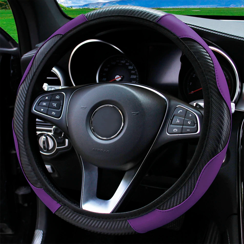 PU Carbon Fiber Leather Car Steering Wheel Cover 37CM 38CM