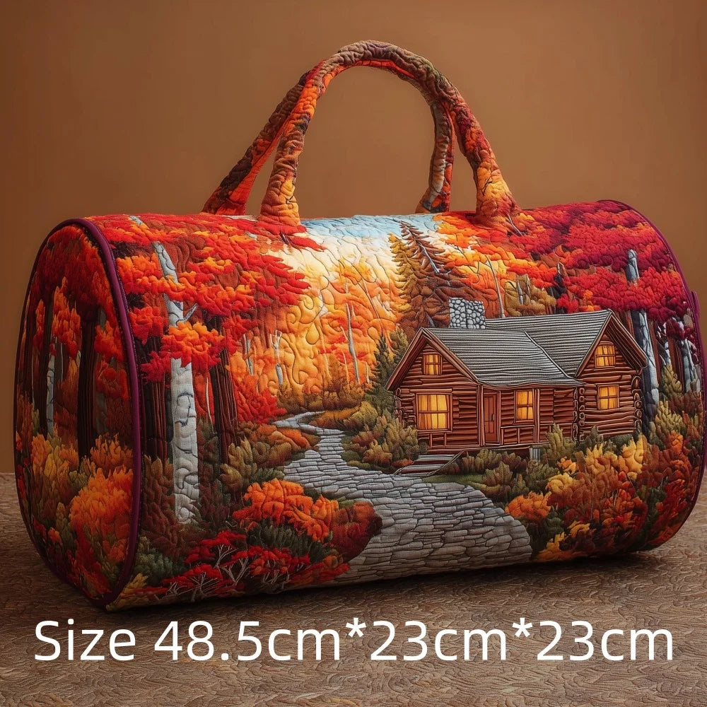 3D Print Quilted Travel Bag Autumn Mountain Forest Cabin Tote Weekender Duffle for Women Men Vintage Nature Landscape Hangbag