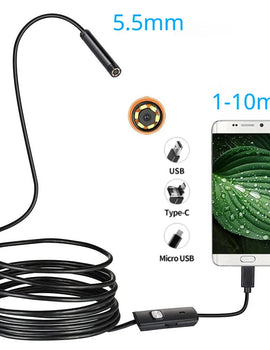 Adjustable Soft Wire 5.5MM Android Endoscope 3 In 1 USB/Micro USB/Type-C Borescope Inspection Camera Waterproof for Smartphone