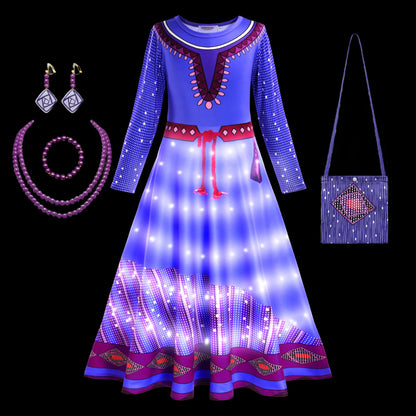 Movie Wish Asha Kids Halloween Cosplay Girls Princess LED Light Up Dress Masquerade Party Clothes