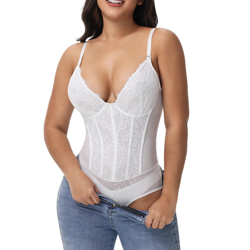 Lace Bodysuit for Women – V-Neck Backless Tummy Control Shapewear