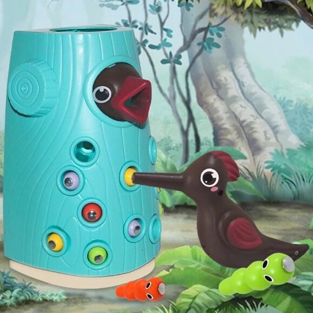 Montessori Baby Wooden Toys Magnetic Woodpecker Catching Worms Feeding Fishing Game Set Educational Toys for Kids Birthday Gift