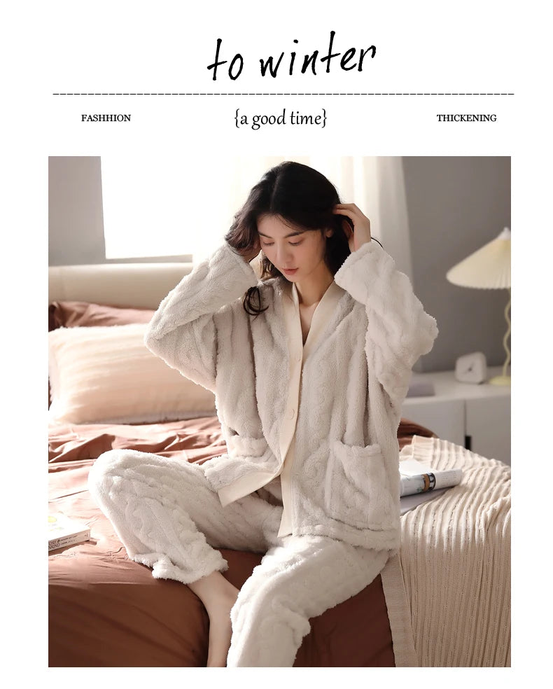 Women’s Winter Flannel Pajama Set – Warm, Thick Coral Fleece 2-Piece Loungewear