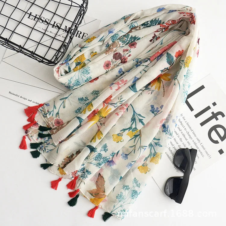 Beige Coffee Scarf Luxury Thin Women Scarves Spring Floral Hijab Veils Soft Cotton Shawl Wrap Tassel Viscose Muslim Woman Hijab